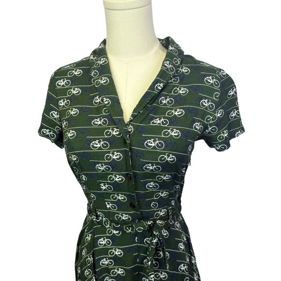 Anthropologie circus Dress Bicycle Print button up with belt gree  Size 10 - Picture 2 of 7